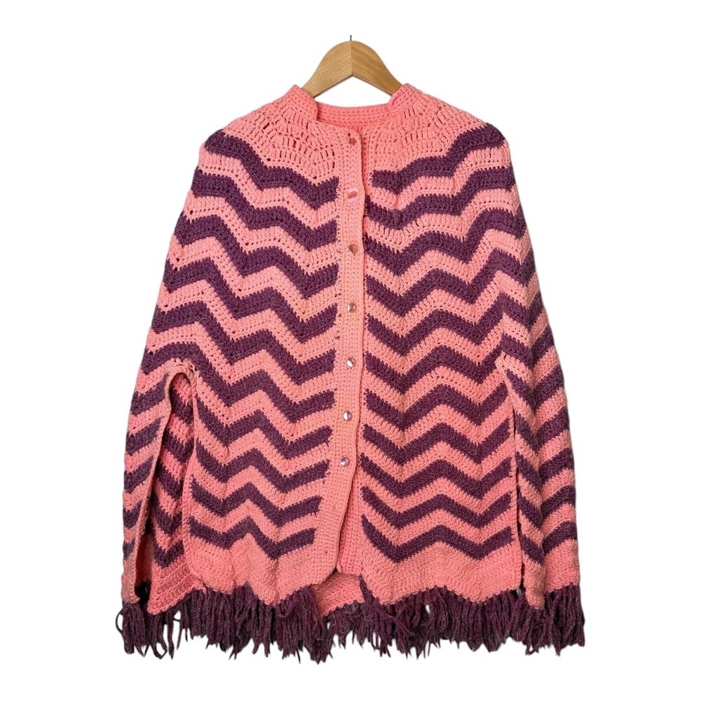 Vintage Handmade Crochet Cape Poncho Pink Purple Chevron Fringe Button Up